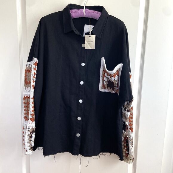 And The Why The Zephyr Crochet Sleeve Shirt Jacket Shacket Raw Hem Black Size L - Picture 9 of 10